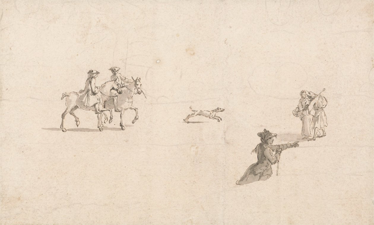 Biniciler, Figürler ve Köpek (kağıt üzerine kalem ve mürekkep) by Thomas Ross