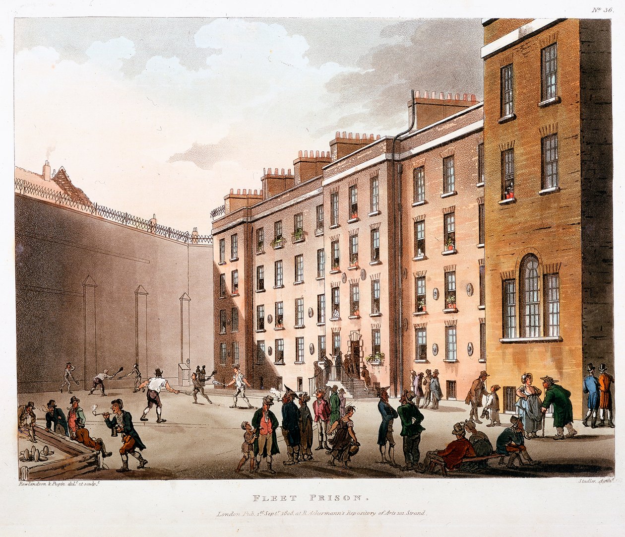 İç mahkeme, Filo Hapishanesi, Londra, 1808-1811 by Thomas Rowlandson, Augustus Charles Pugin