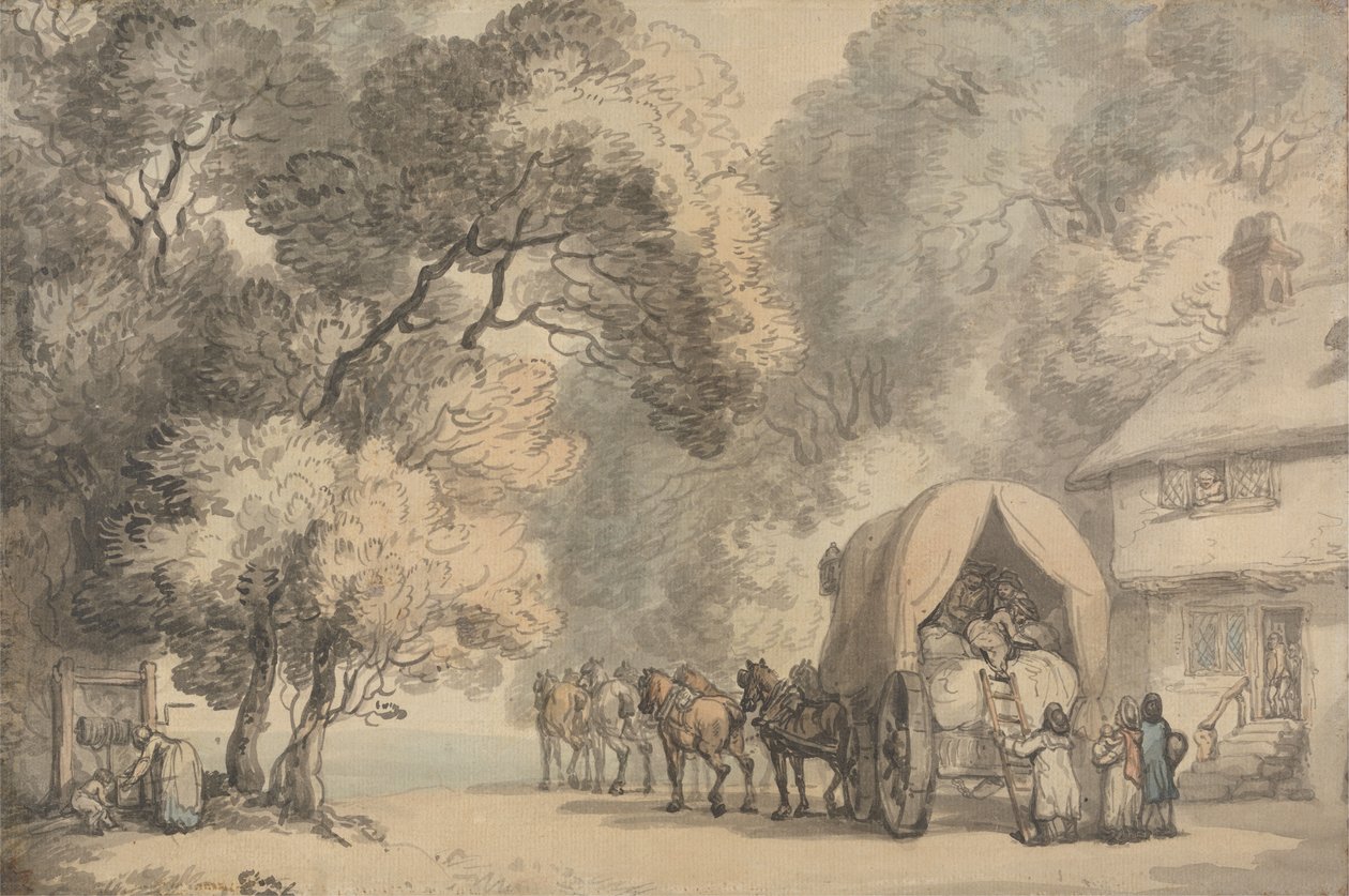 ಇನ್‌ನ ಹೊರಗೆ ಕ್ಯಾರಿಯರ್ಸ್ ಕಾರ್ಟ್, c.1785-90 (ಲೇಪಿತ ಕಾಗದದ ಮೇಲೆ ಪೆನ್ನು ಮತ್ತು ಶಾಯಿ ಮತ್ತು ಜಲವರ್ಣ) ಟರ್ಕ್ by Thomas Rowlandson