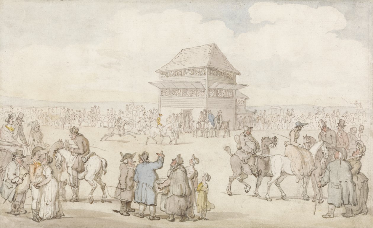 Kalabalık Bir Yarış Buluşması, c.1805-10 (kalem ve mürekkep ve kağıt üzerinde w/c) by Thomas Rowlandson