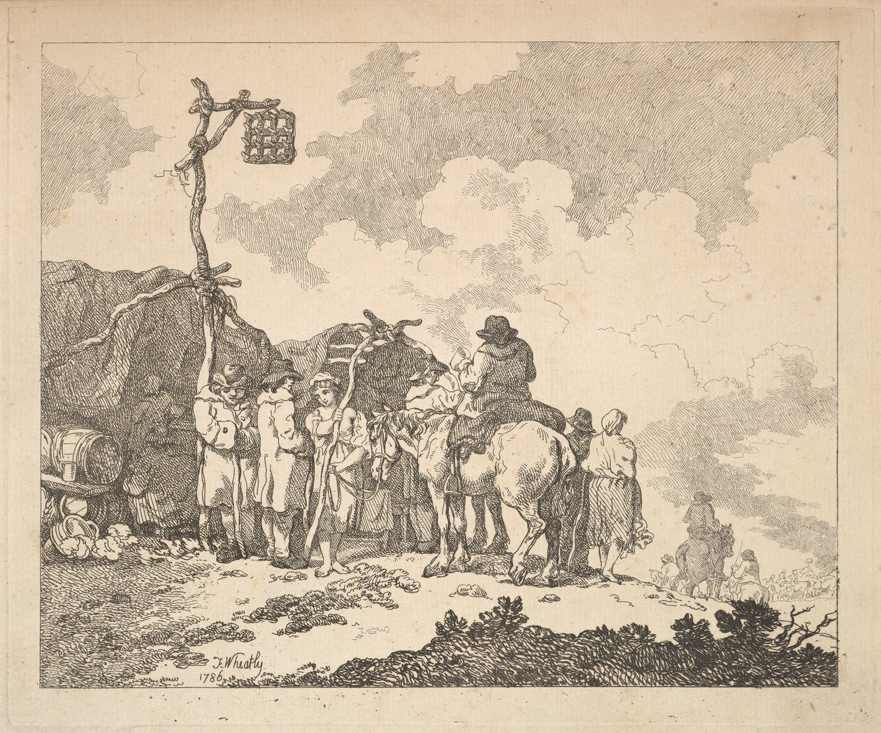 Bir Panayır - Bir Çingene Grubu - Rustik Giysili Kadın ve Erkek İki Derme çatma Te..., 1786. by Thomas Rowlandson