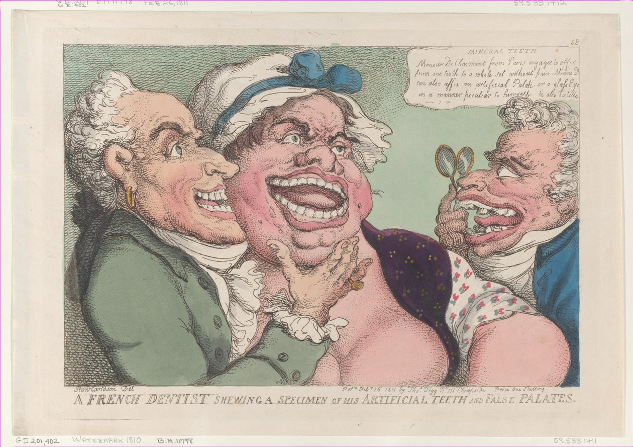 Bir Fransız Diş Hekimi Yapay Dişlerinden ve Sahte Damaklarından Bir Örneği Gösteriyor..., 26 Şubat 1811. by Thomas Rowlandson