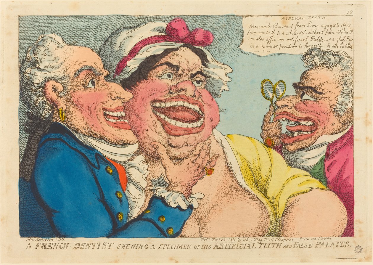 Bir Fransız Diş Hekimi Yapay Dişlerinden ve Sahte Damaklarından Bir Örneği Gösteriyor by Thomas Rowlandson