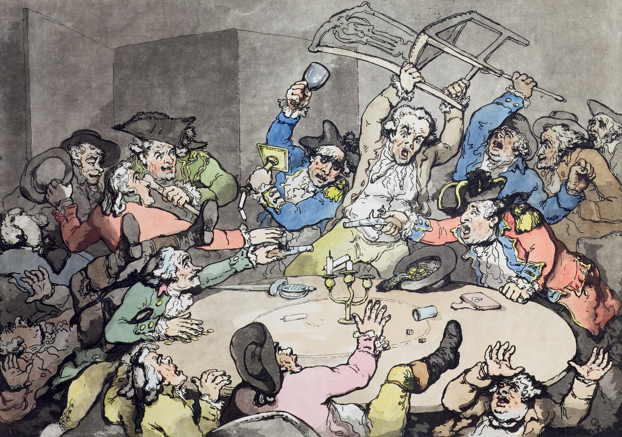 Tehlike Masasında Bir Tekme, pub. J. Harris, 1787 (aquatint ile renkli gravür) by Thomas Rowlandson