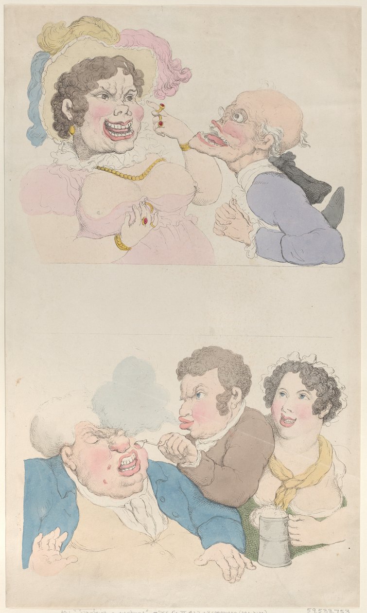 Bir Kadın Tarafından Baştan Çıkarılan Bir Adam ve Bir Müşteri Sigara İçiyor, 1800 ., 1800 . by Thomas Rowlandson