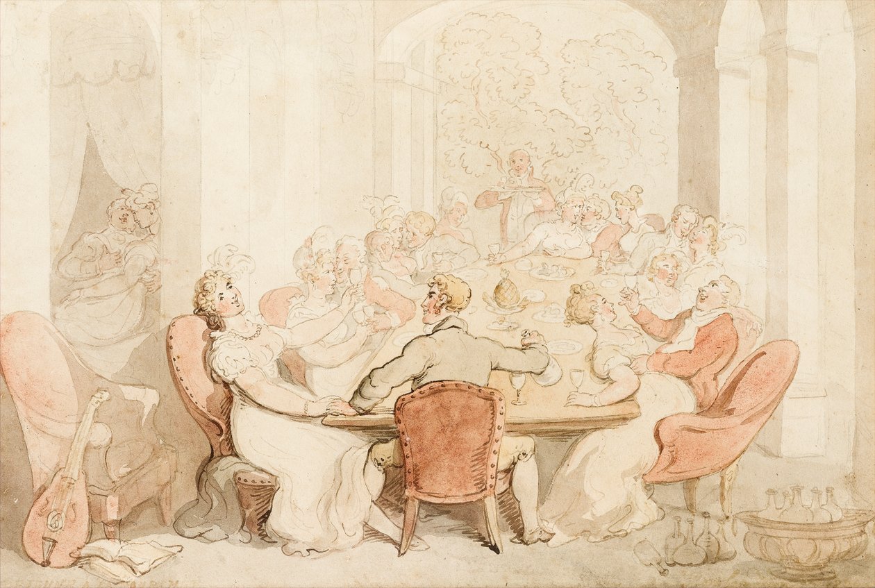 Bir Kır Evinde Bir Kısık Öğle Yemeği (kağıt üzerinde mürekkep ve renkli yıkama) by Thomas Rowlandson