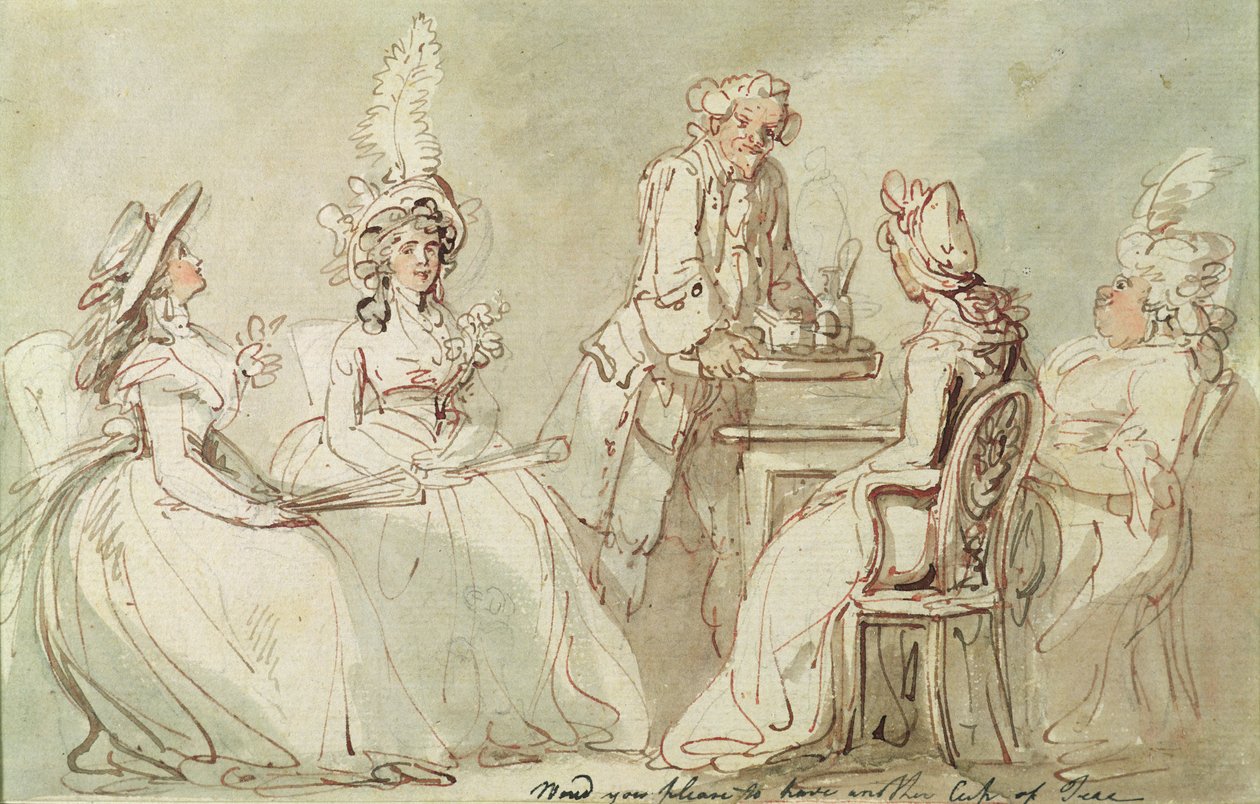Çay Partisi (montaj üzerine serilen kağıt üzerinde kalem ve mürekkep, kurşun kalem ve w/c) (238964 recto) by Thomas Rowlandson