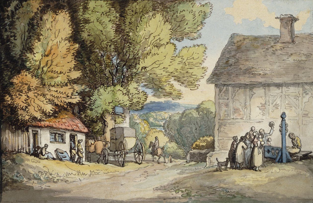 Bir Köy Yeşili: Bir Ağacın Altında Durmuş Bir Araba, Stokta Bir Adam ve Bir Grup Seyirci, by Thomas Rowlandson