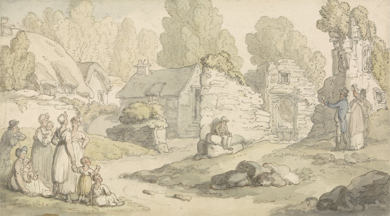 Figürlerin ve Yıkık Binaların Olduğu Bir Köy Manzarası (kağıt üzerine suluboya, kalem & mürekkep ve kurşun kalem) by Thomas Rowlandson