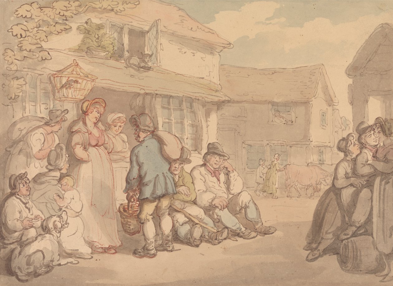 Dinlenen Köylülerle Bir Köy Manzarası by Thomas Rowlandson
