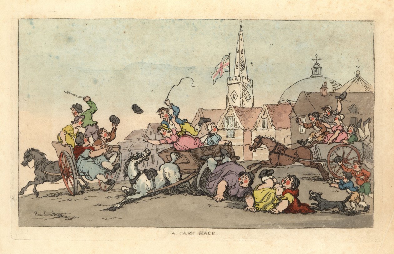 Ön planda bir kaza olan bir İngiliz kasabasında bir araba yarışı by Thomas Rowlandson