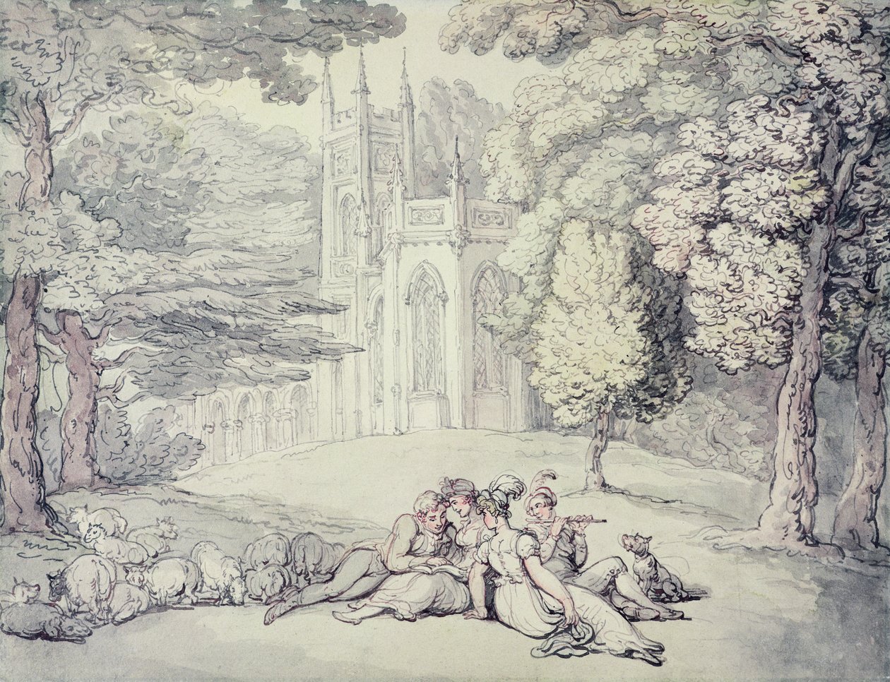 Ön planda bir grup genç ve genç beyefendinin bulunduğu bir kolej yeşili, c.1810-15 (kağıt üzerine kurşun kalem üzerine kalem ve mürekkep ve suluboya) by Thomas Rowlandson