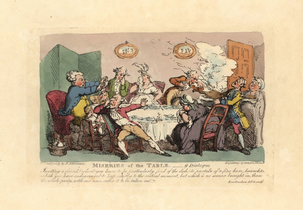 Kokuşmuş bir oyun yemeğinin gelişiyle mahvolmuş bir akşam yemeği partisi. by Thomas Rowlandson