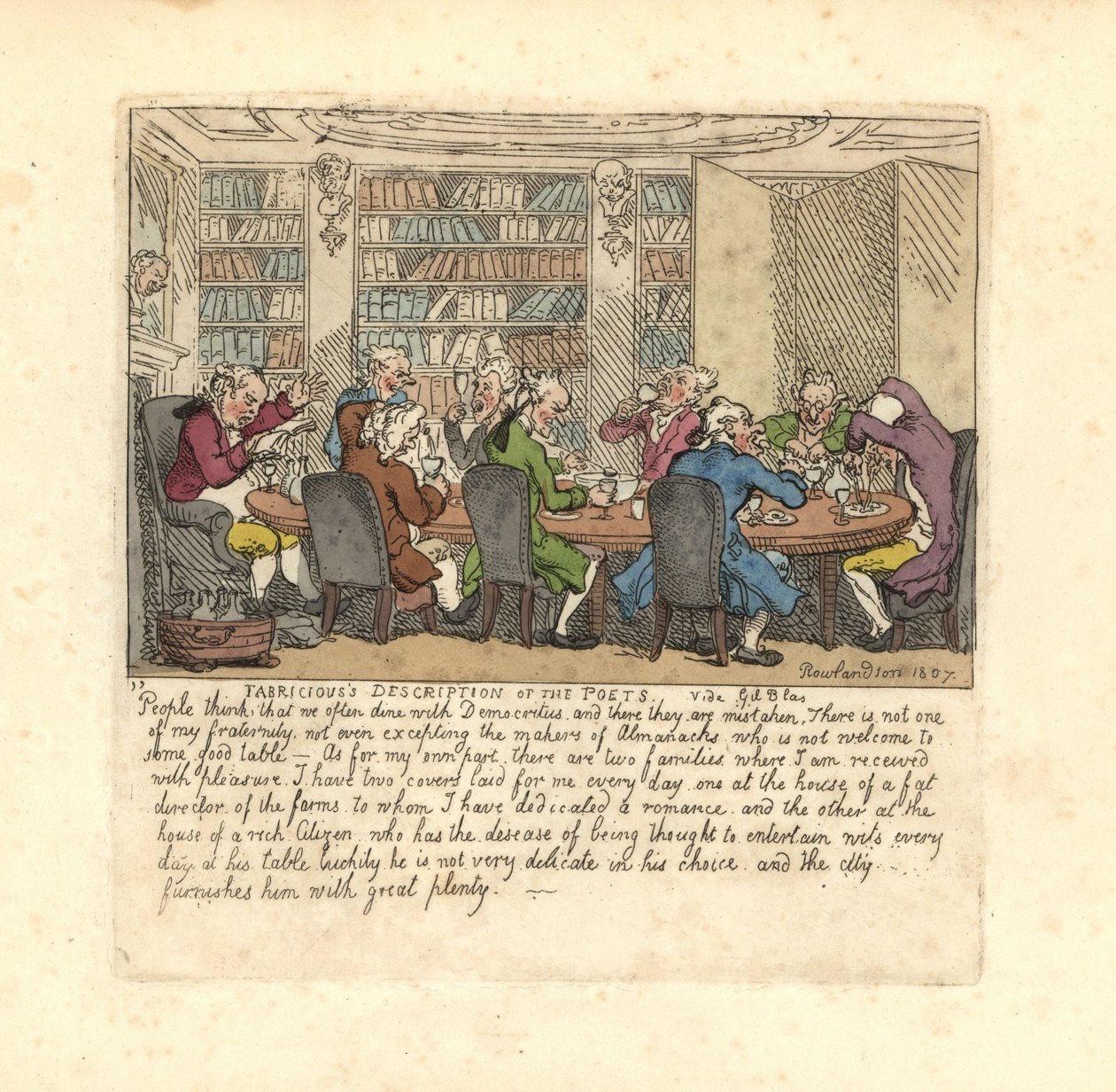 Zengin bir vatandaşın evinde yemek yiyen bir grup yazar. by Thomas Rowlandson