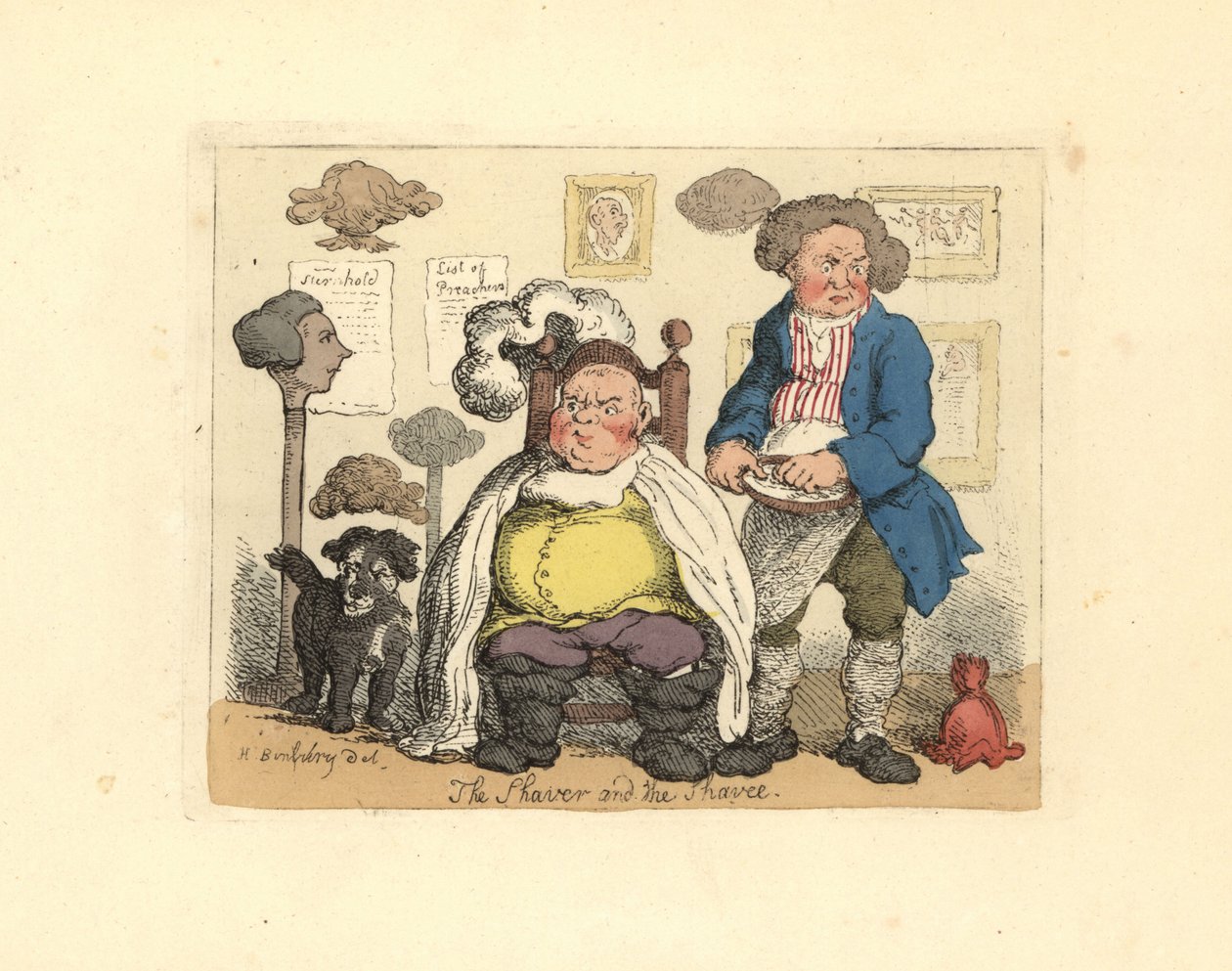 Peruklarla süslenmiş bir berber dükkanında berber ve müşteri. by Thomas Rowlandson