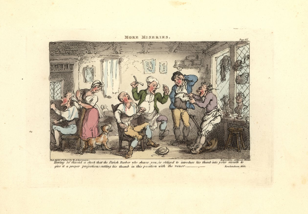 Berber bir müşteriyi tıraş etmeye çalışırken parmağını kesiyor. by Thomas Rowlandson