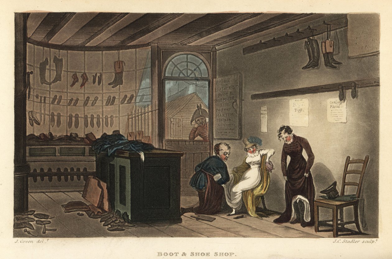 Boot and Shoe Shop: Leatherhead ayakkabıcılarında ayakkabı ve çizme deneyen kadın müşteriler. Thomas Rowlandson tarafından elle boyanmış bakır levha gravür, J.C. Stadler tarafından aquatint, J. Green