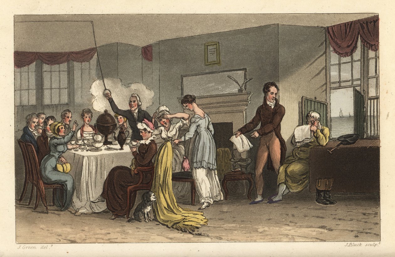 Old Bell Inn, Scarborough Kahvaltı Salonu. Kahve içen, gazete okuyan, Regency odasında kahvaltı eden konuklar. Poetical Sketche