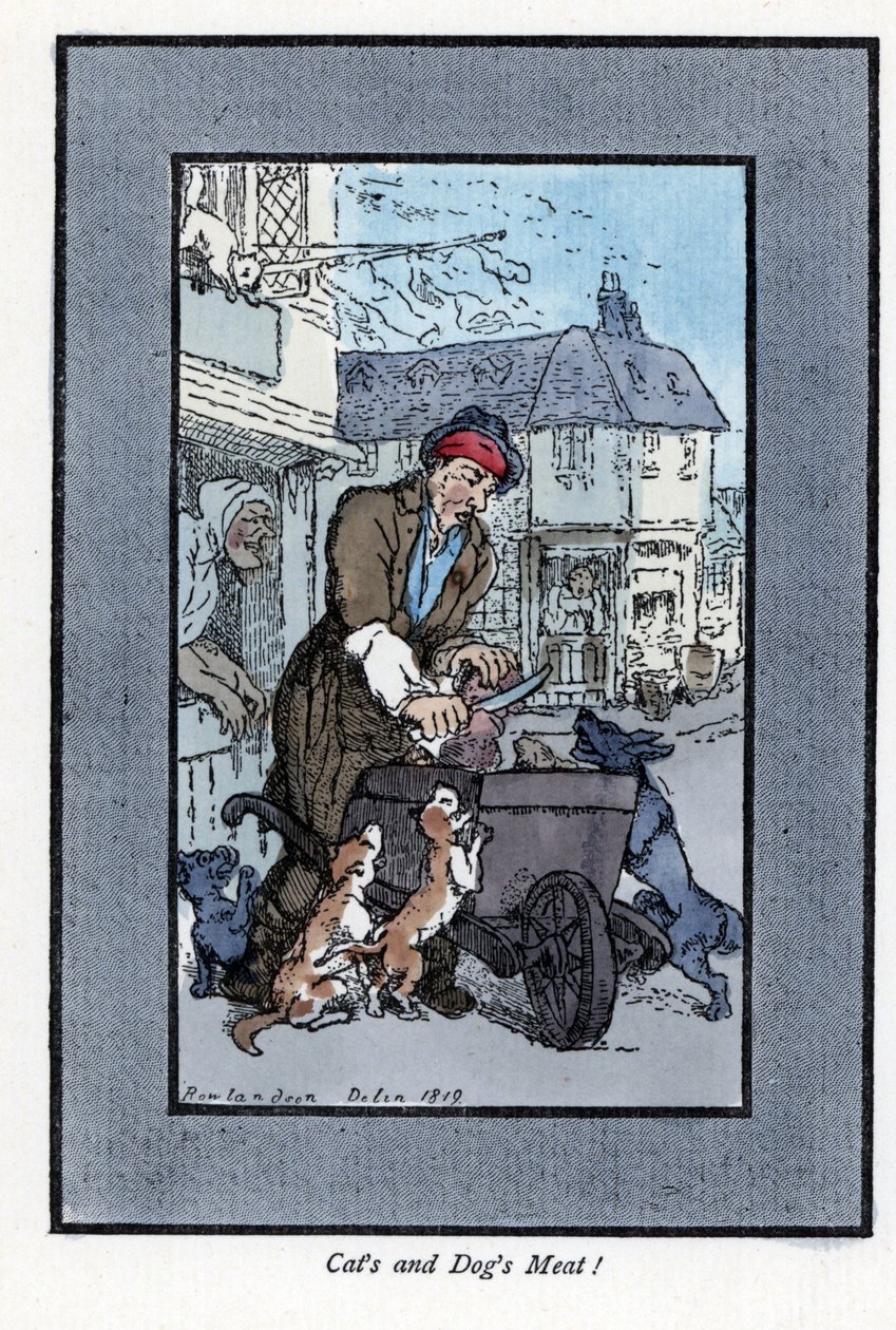 Bir et parçasını kesen gezgin kasap, el arabasının tekerleğine köpek ve kedilerin saldırdığını söyledi. The Cris of London