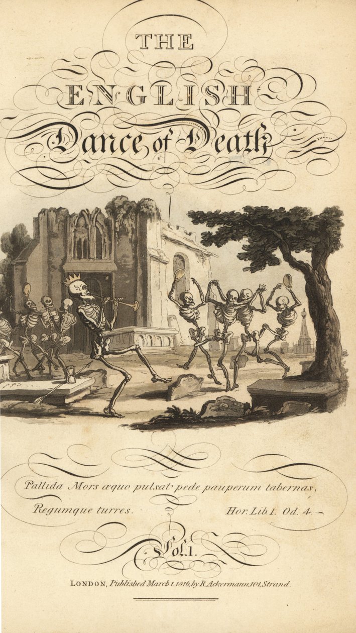 Harap bir kilisenin yakınındaki bir mezarlıkta tefler ve boynuzlarla dans eden iskeletlerin kaligrafik başlığı ve vinyet. İngiliz Ölüm Dansı, Ackermann, Londra