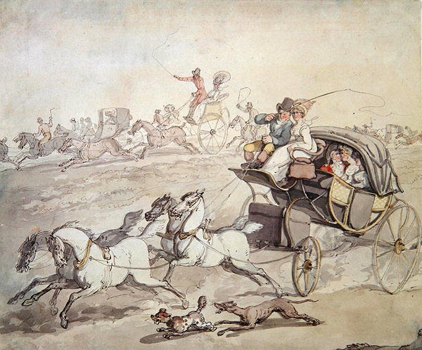 Açık Otlaklarda Tam Hızda Arabalar ve Biniciler, c.1800 (kağıt üzerinde yıkama ile kalem ve mürekkep) by Thomas Rowlandson