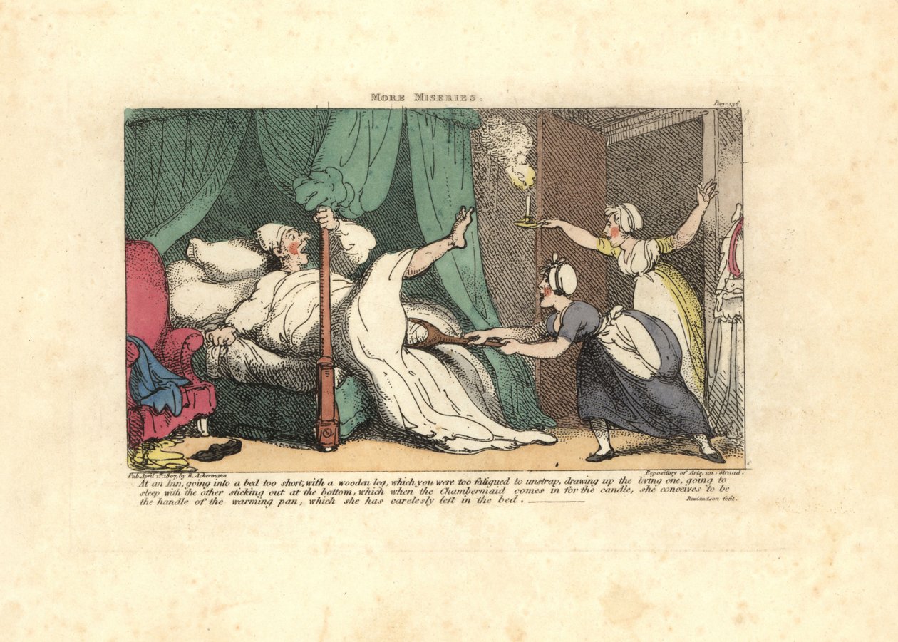 Uyuyan bir konuğun tahta bacağını çeken oda hizmetçisi. by Thomas Rowlandson