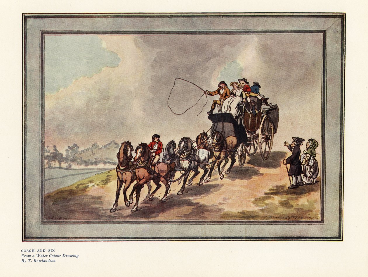 Yolcular ve bagajları çatıda olan koç ve altı at by Thomas Rowlandson