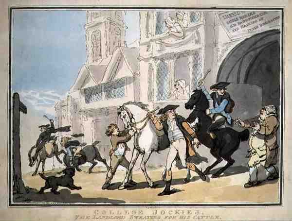 "Üniversite Jockies, Sığırları İçin Terleyen Ev Sahibi", pub. E. Jackson tarafından by Thomas Rowlandson
