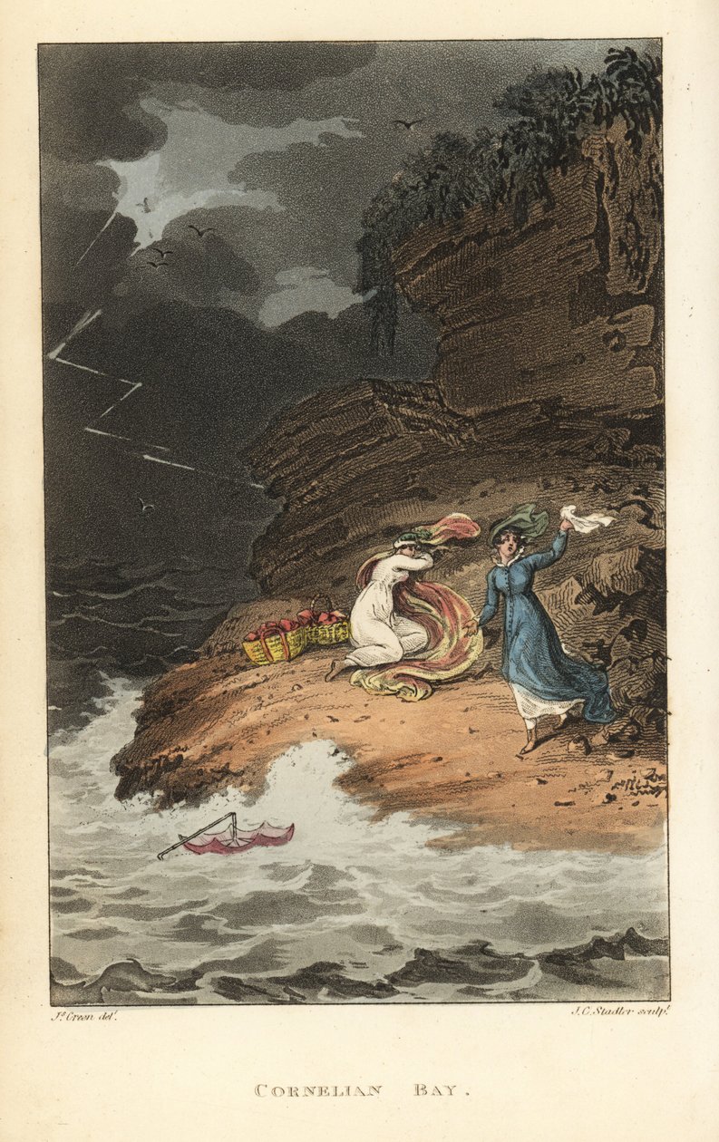 Cornelian Bay: Pikniğe giden Regency kadınları ani bir fırtınaya şaşırır. Thomas Rowlandson tarafından elle boyanmış bakır levha gravür, J.C. Stadler tarafından aquatint, J. Green