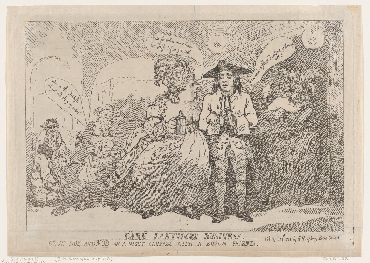 Dark Lanthern İşi, ya da, Bayan Hob ve Nob, Bir Gece Tuvalinde Kuyruğuyla Cuma..., 24 Nisan 1784. by Thomas Rowlandson