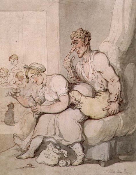 Darning The Sock (kalem ve mürekkep, sulu boya) by Thomas Rowlandson