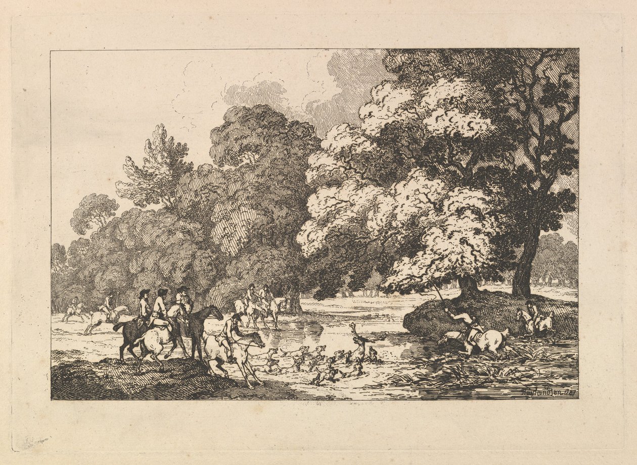 Geyik Avı - Nehirde Geyik ve Tazıların Olduğu Bir Manzara Sahnesi, 1787. by Thomas Rowlandson