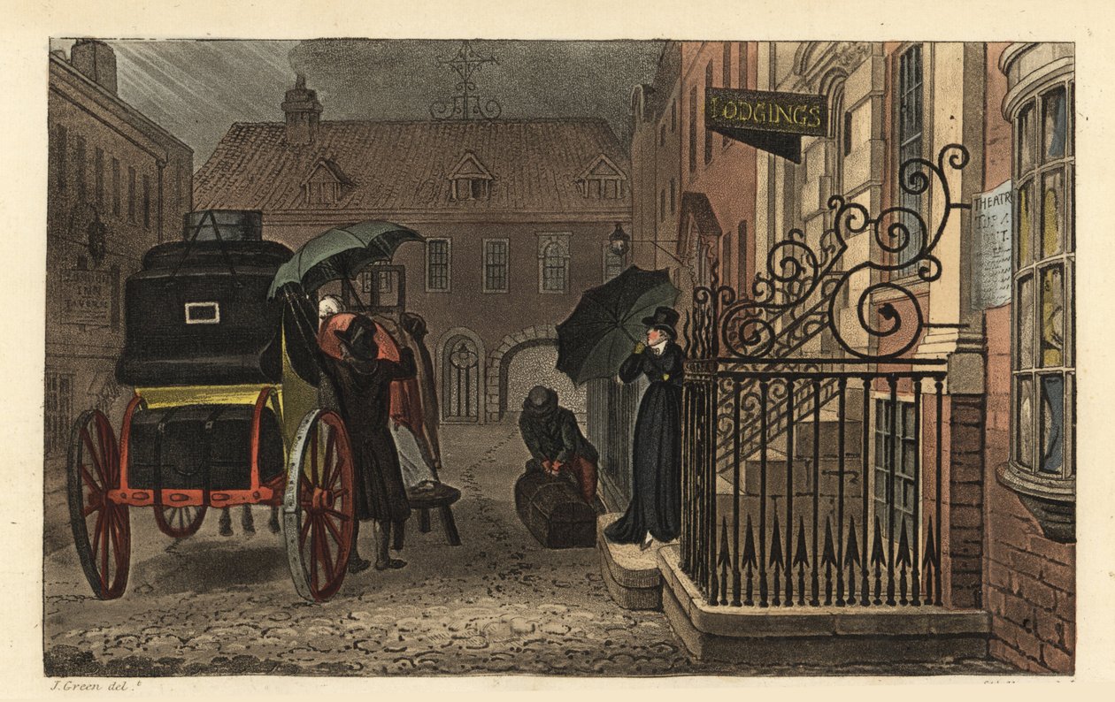 Ayrılış: Yağmurda bir otelin önündeki bir vagona bagaj yükleyen turistler. Thomas Rowlandson tarafından elle boyanmış bakır levha gravür, J.C. Stadler tarafından aquatint, J. Green