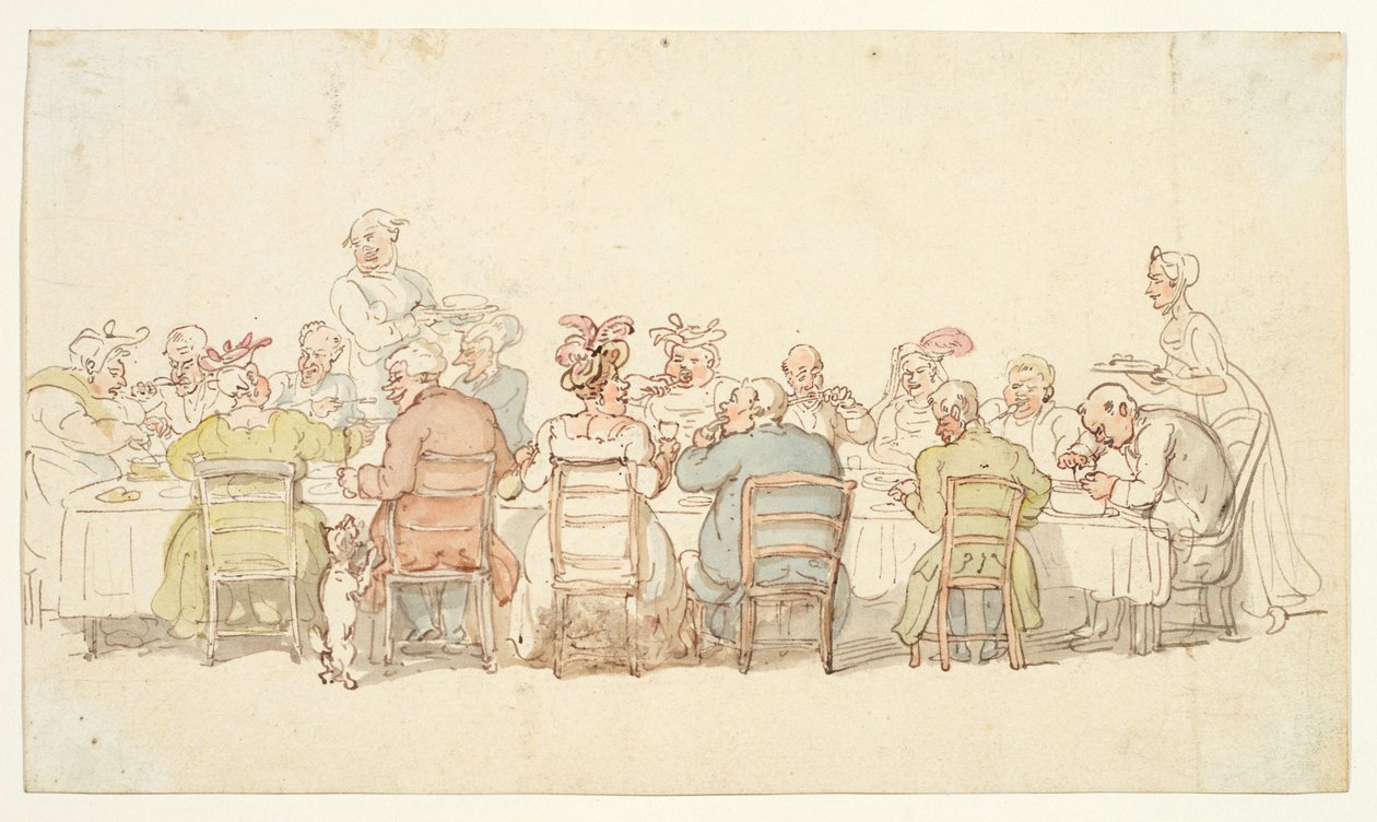 Akşam yemeği partisi, 19. yüzyıl (grafit, kalem ve kahverengi mürekkep, dokuma kağıt üzerine suluboya) by Thomas Rowlandson
