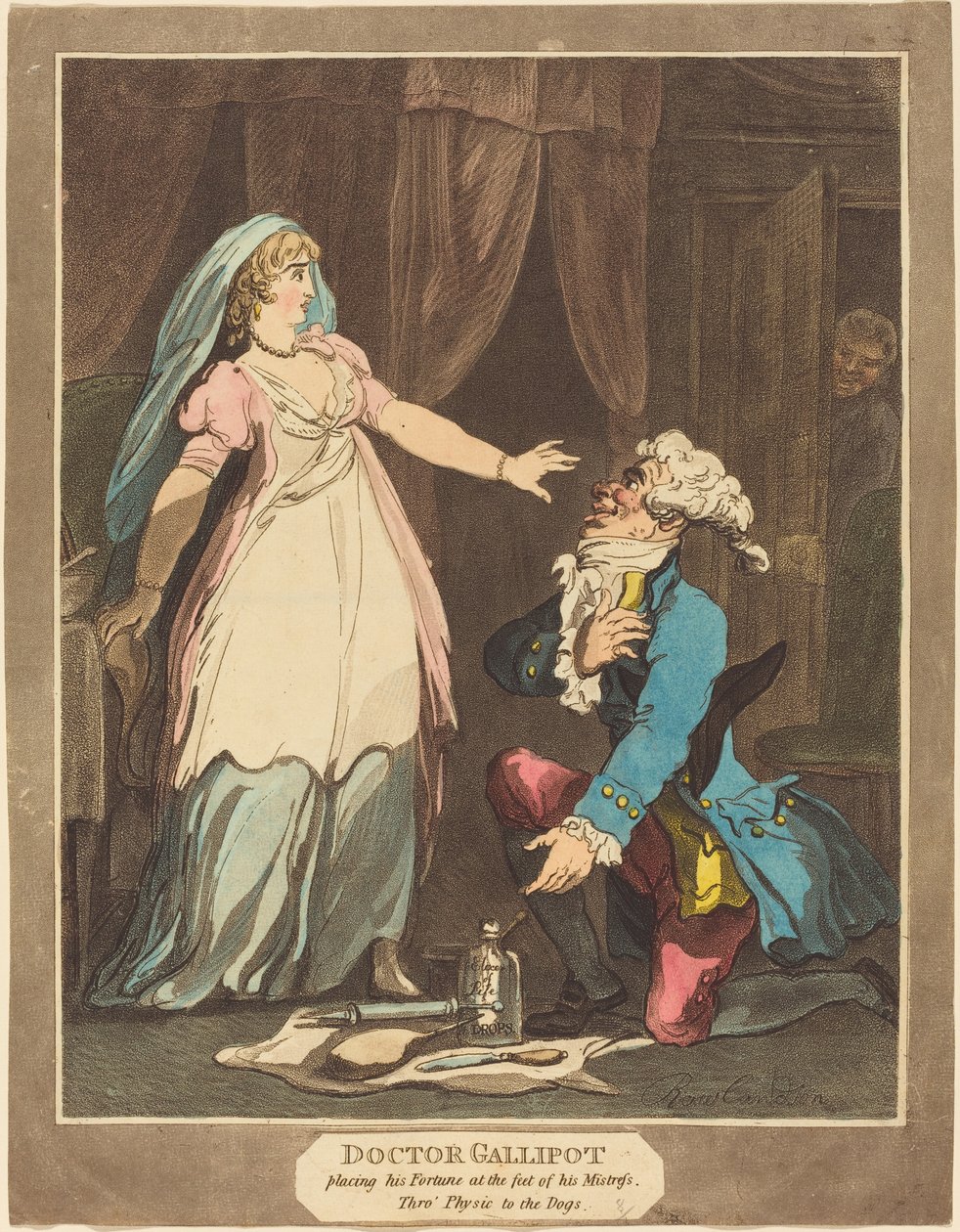 Doktor Gallipot, Servetini Metresinin ayaklarının dibine koyuyor by Thomas Rowlandson