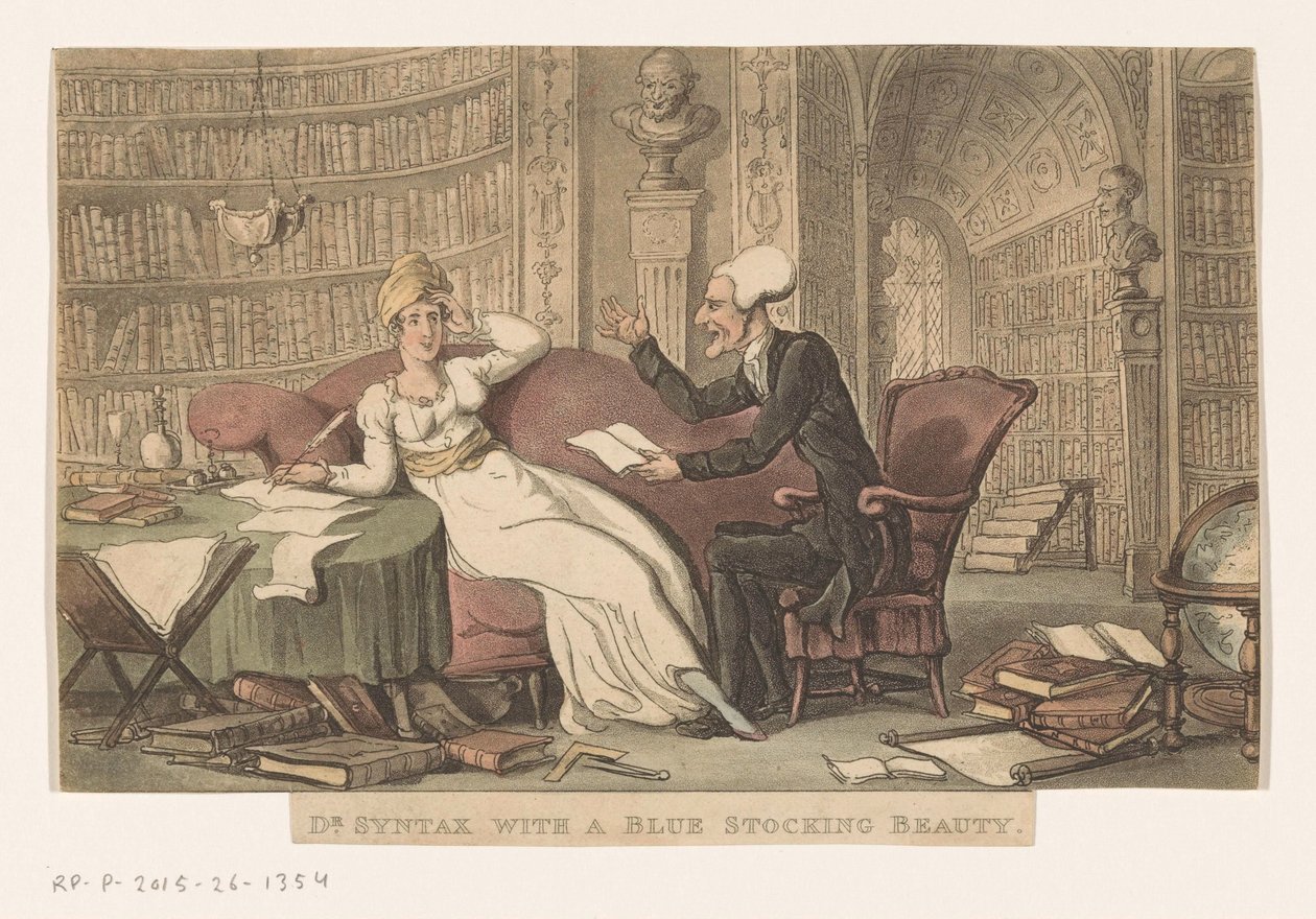 Bir kütüphanede bir kadınla Doktor Sözdizimi Dr. Mavi çorap güzelliğine sahip sözdizimi (nesnedeki başlık) by Thomas Rowlandson
