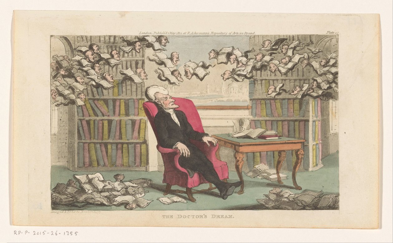 Bir kitaplıkta uyuyan doktor sözdizimi Doktorun Rüyası (nesne üzerindeki başlık) by Thomas Rowlandson