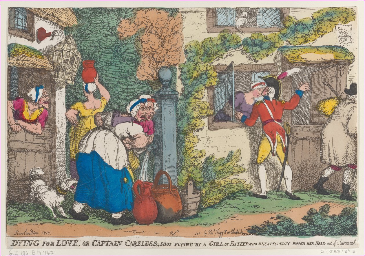 Aşk için Ölmek veya Kaptan Dikkatsiz, Beklenmedik Bir Şekilde Patlayan On Beş Yaşında Bir Kız Tarafından Uçarken Vuruldu..., 1810. by Thomas Rowlandson