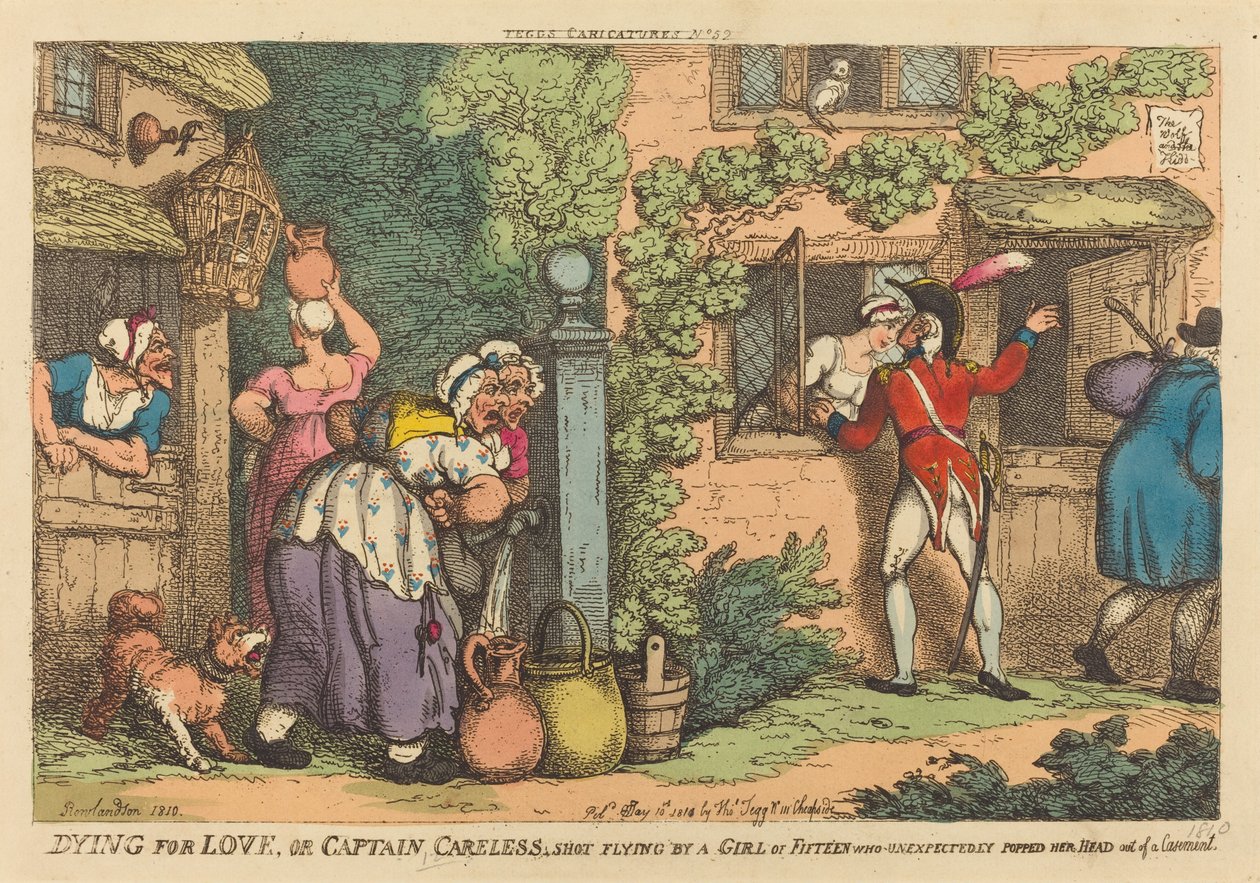 Aşk için Ölmek veya Kaptan Dikkatsiz, Beklenmedik Bir Şekilde Kafasını Kanattan Çıkaran On Beş Yaşındaki Bir Kız tarafından uçarken vuruldu. by Thomas Rowlandson