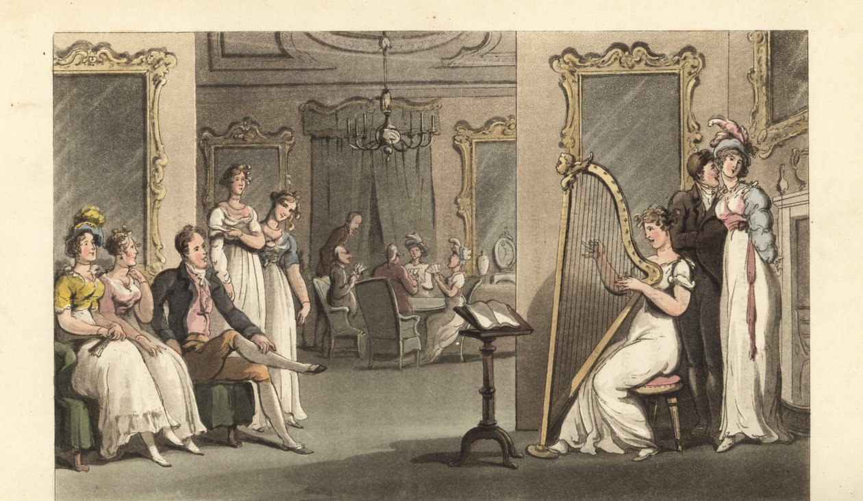 İngiliz beyefendi ve bayanlar bir baloda arpçı dinlerken by Thomas Rowlandson