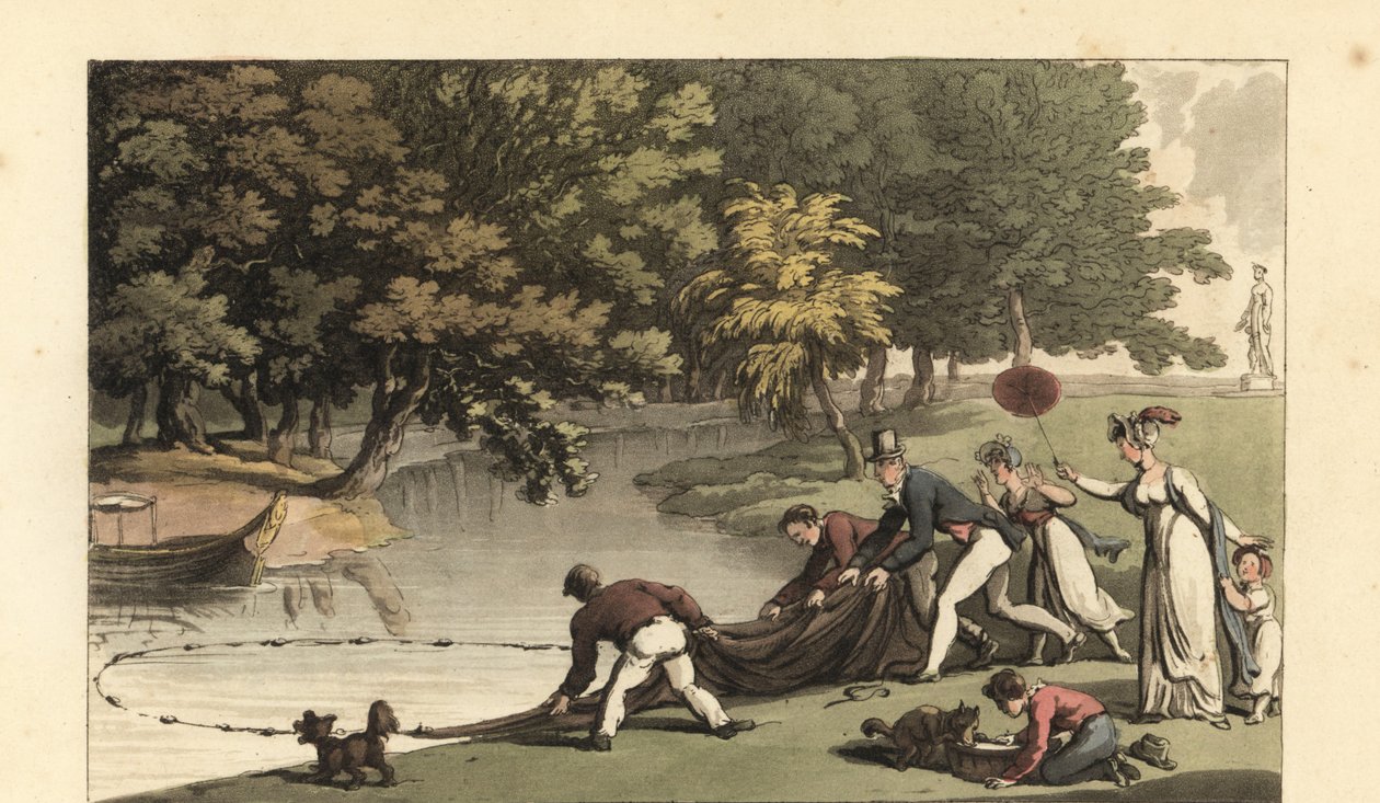 İngiliz beyefendi ve personel nehirde balık tutuyor by Thomas Rowlandson