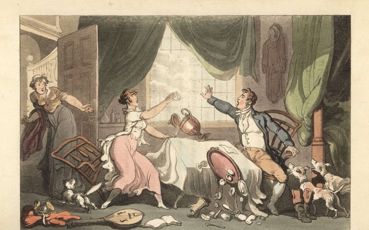 İngiliz beyefendi karısıyla para yüzünden tartışıyor by Thomas Rowlandson