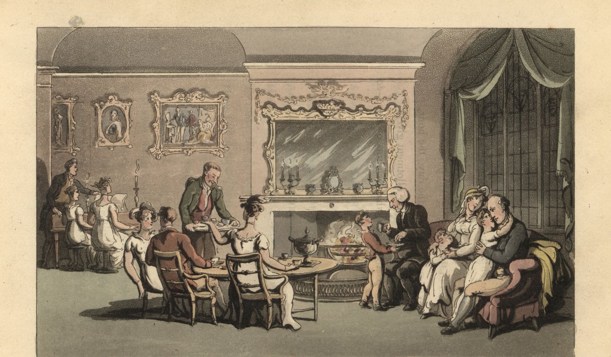 İngiliz beyefendi, karısı ve çocukları salonda dinleniyor by Thomas Rowlandson