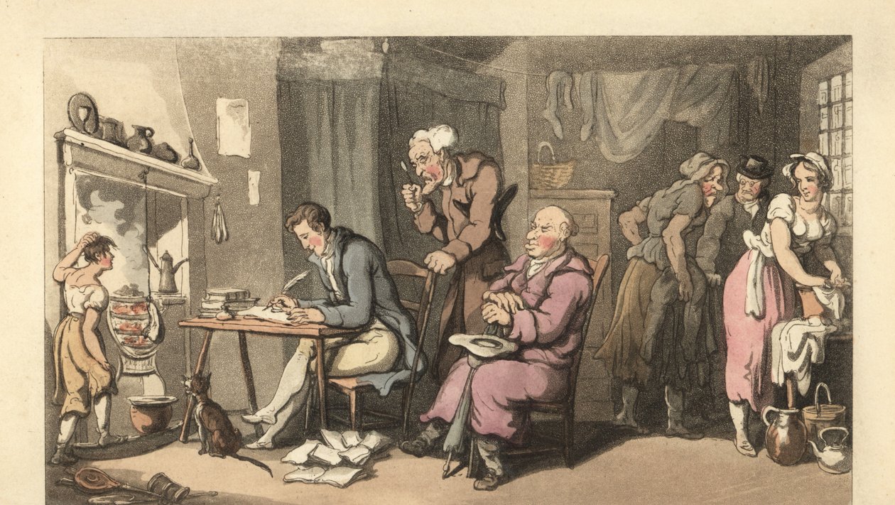 Eskimiş bir salonda bir dilenci mektubu yazan İngiliz beyefendi by Thomas Rowlandson