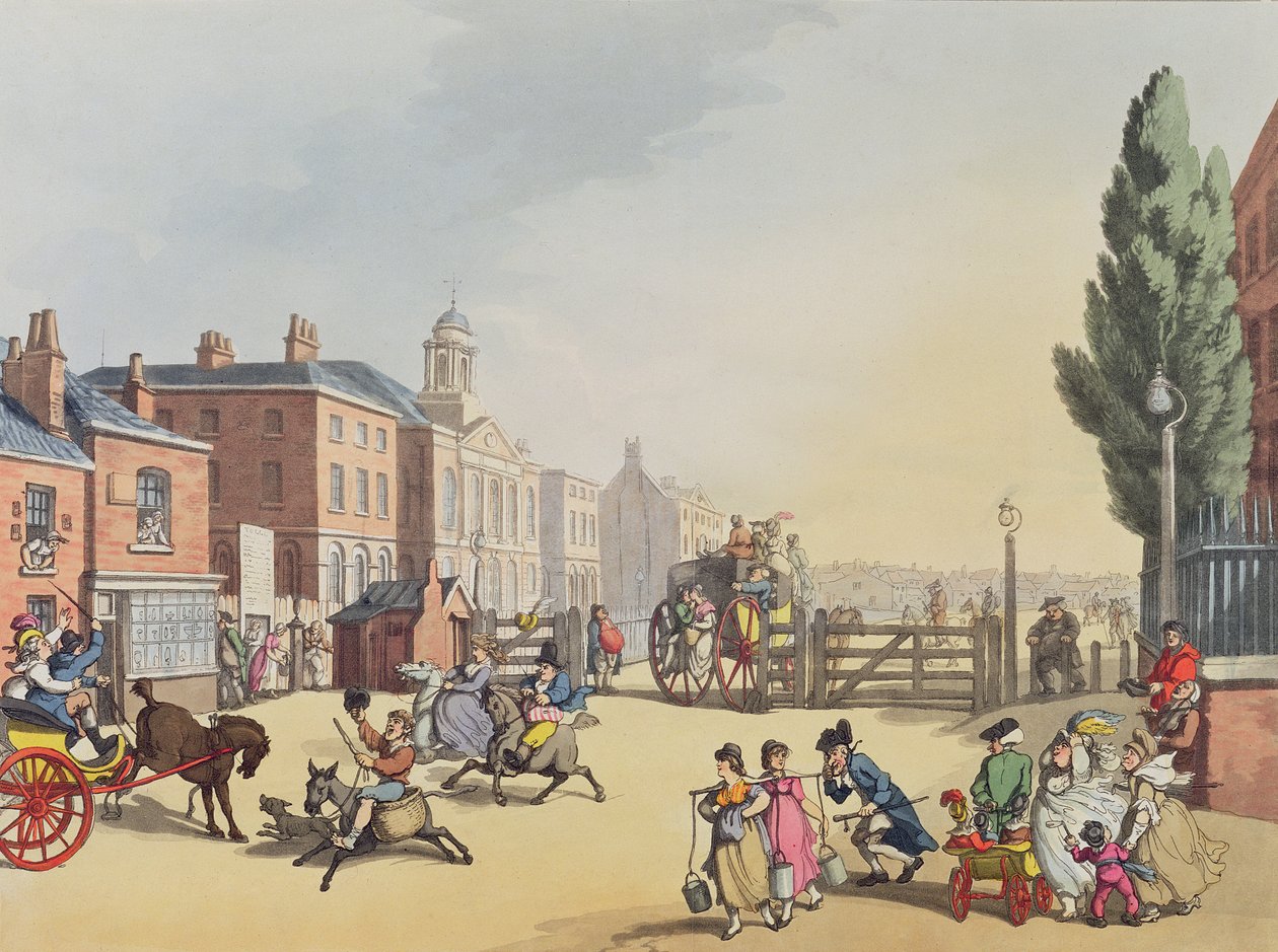 Heinrich Joseph Schutz (1760-1822), pub tarafından oyulmuş St. James Şapeli manzaralı Tottenham Court Road Turnpike girişi. 1809 by Thomas Rowlandson