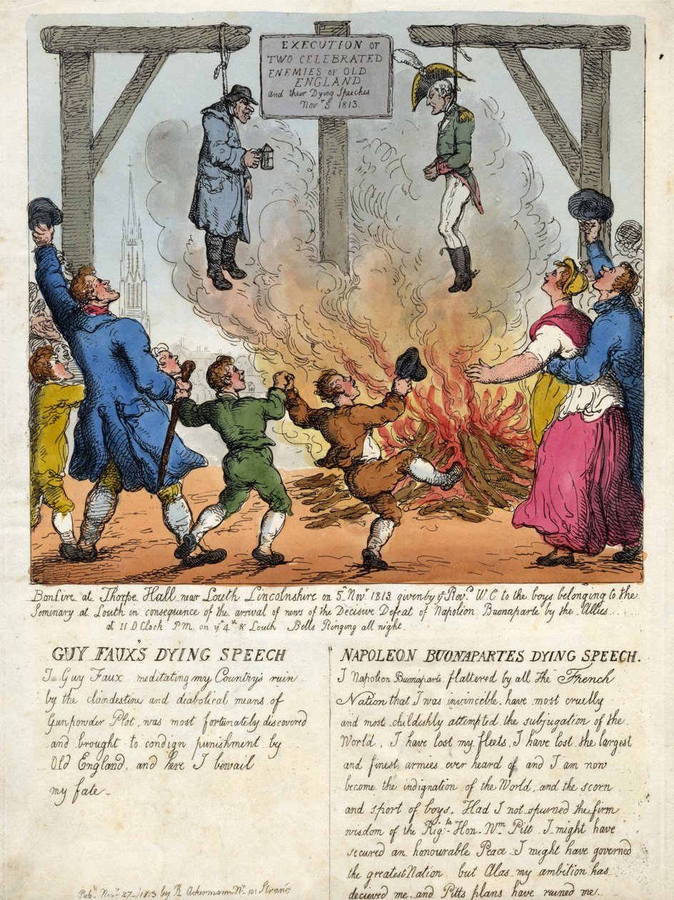 Eski İngiltere#39;nin iki ünlü düşmanı Guy Fawkes ve Napolyon Buonaparte#39;ın idamı - Darağacında yaptıkları son konuşmalar. 1813. gravür. by Thomas Rowlandson