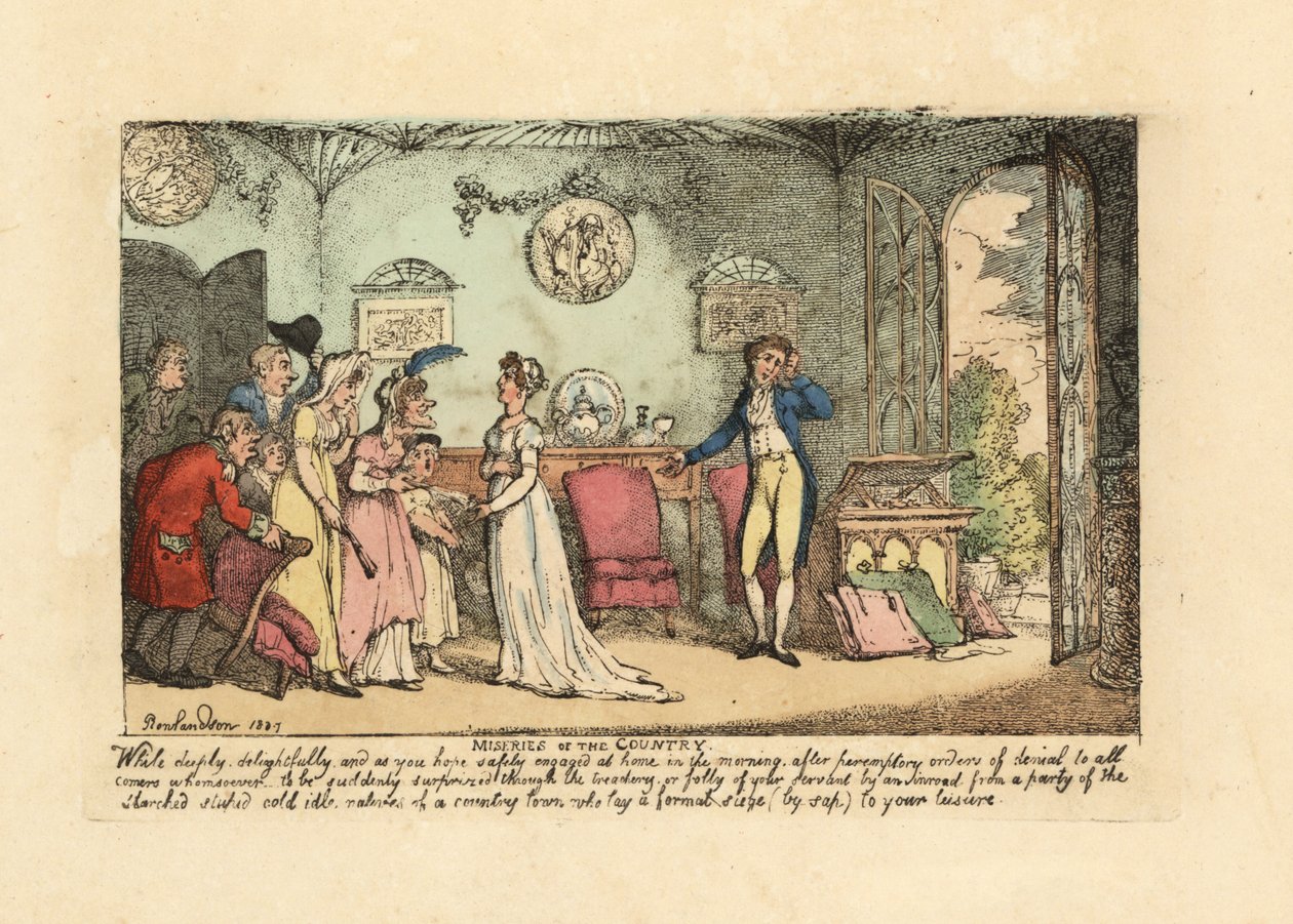 Aptal, taş gibi boş bir akraba tarafından rahatsız edilen şık çift by Thomas Rowlandson
