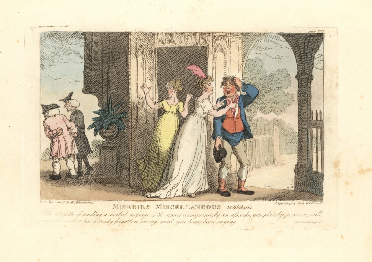 Bir aptal aracılığıyla sözlü mesaj gönderen şık kadın by Thomas Rowlandson