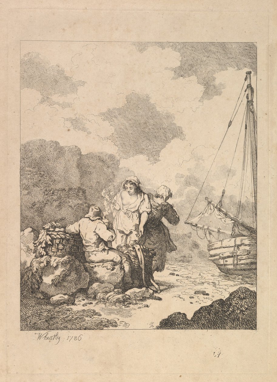 Kıyıdaki Balıkçılar - Kayaların Üzerinde Oturup Pipo İçen Bir Adamla Sahil Manzarası, Nex..., 1786. by Thomas Rowlandson