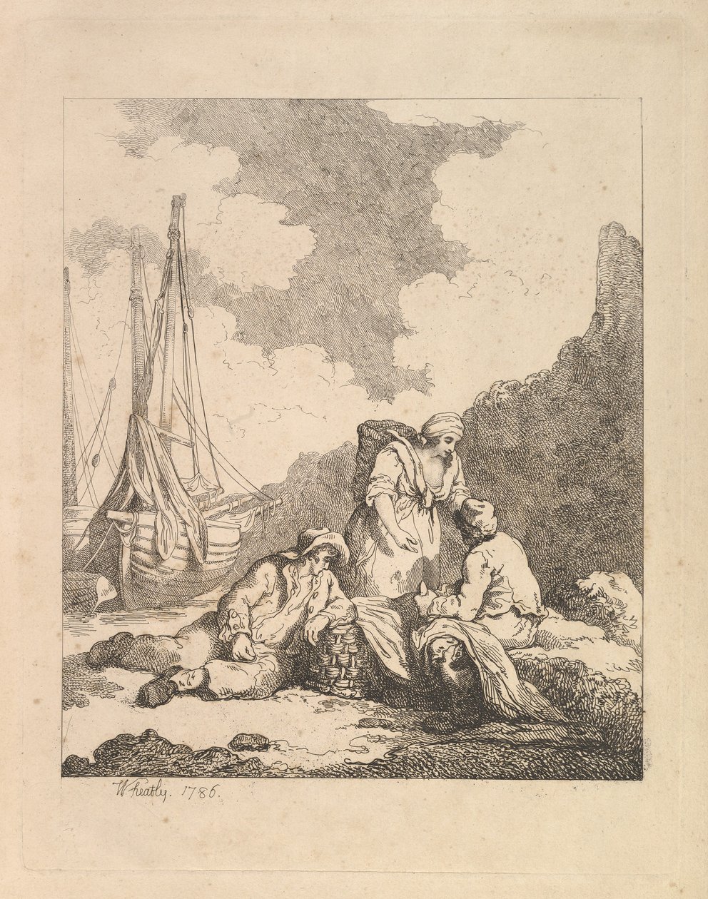 Kıyıdaki Balıkçılar - Yerde Oturmuş Dirsek Dayanmış Bir Adamla Kıyı Sahnesi, 1786. by Thomas Rowlandson
